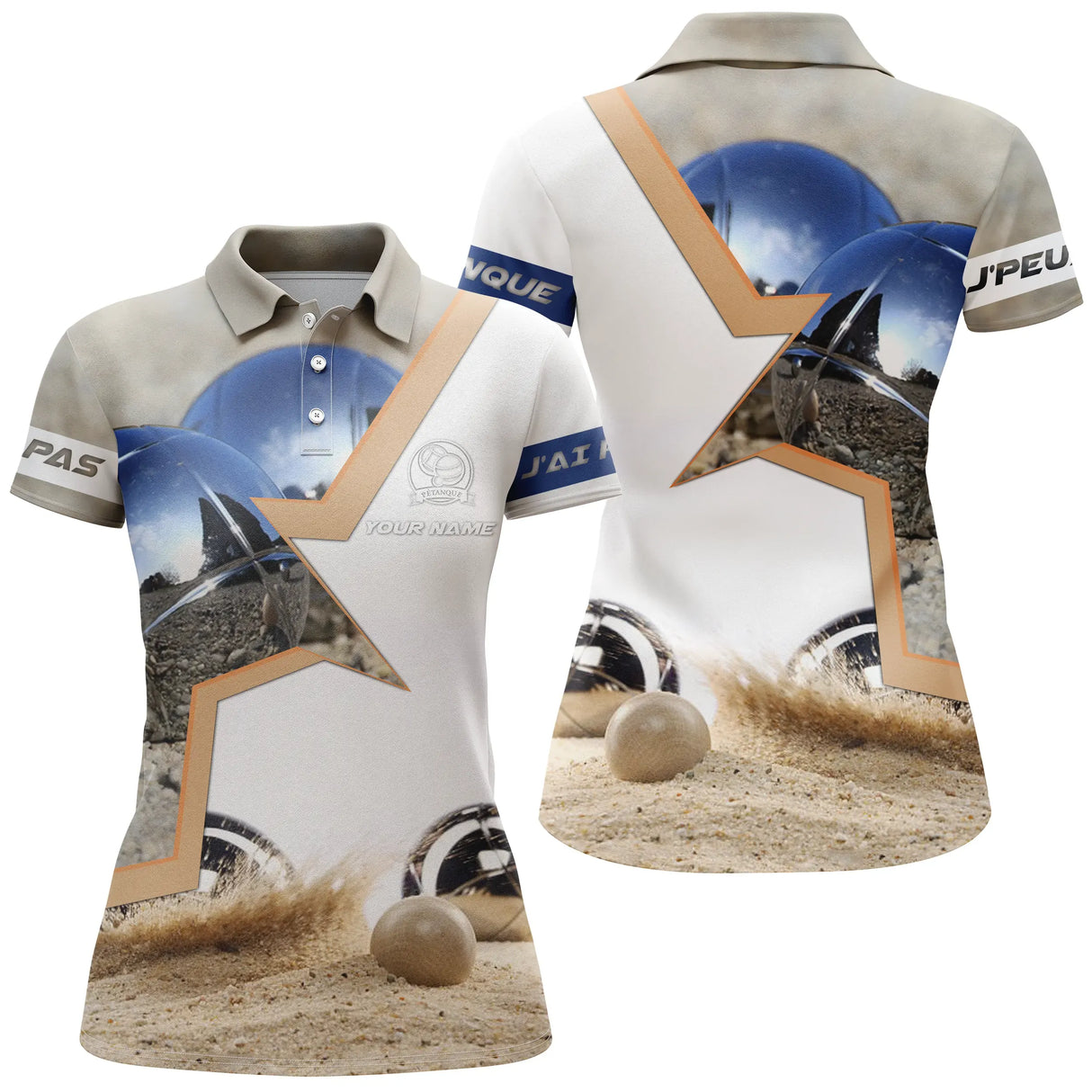 Polo pétanque homme femme manches courtes bleu marine étoile, design bouliste personnalisable