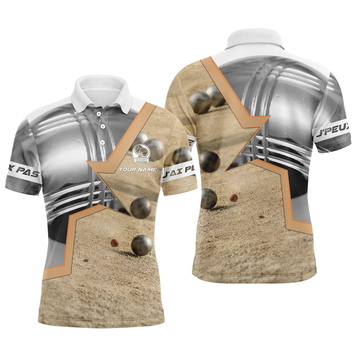 Polo pétanque orange sable texture boule centrée relief boules réalistes terre YOUR NAME personnalisé