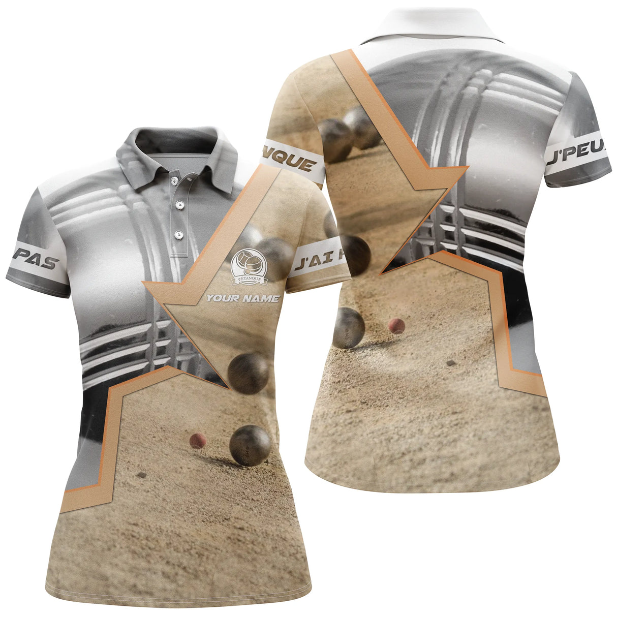 Polo pétanque orange sable vue dos boule centrée relief boules sable design photoréaliste