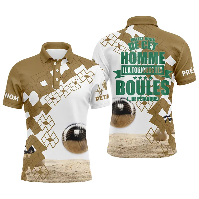 Polo pétanque beige sable damier message homme à la touche par les boules de pétanque PRÉNOM personnalisé