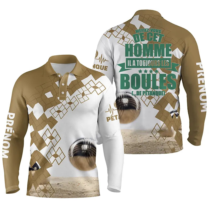 Polo pétanque beige sable damier vue dos message touche boules pétanque humour homme bouliste