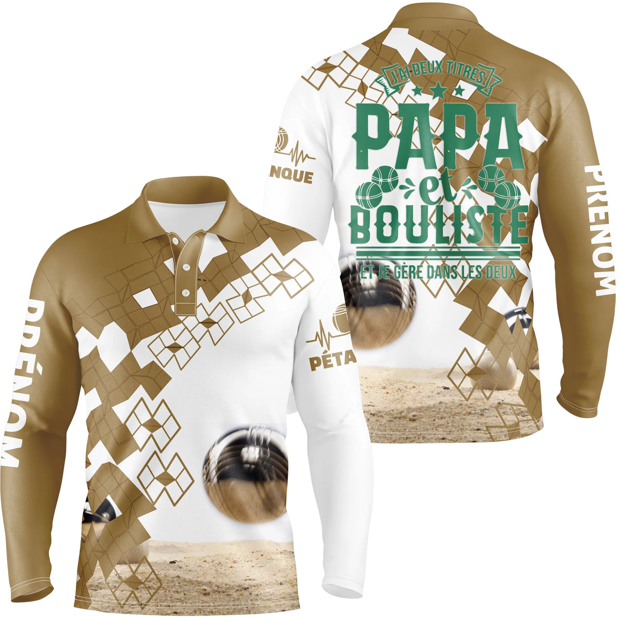 Polo pétanque beige sable damier vue dos message papa bouliste deux titres boules réalistes humour
