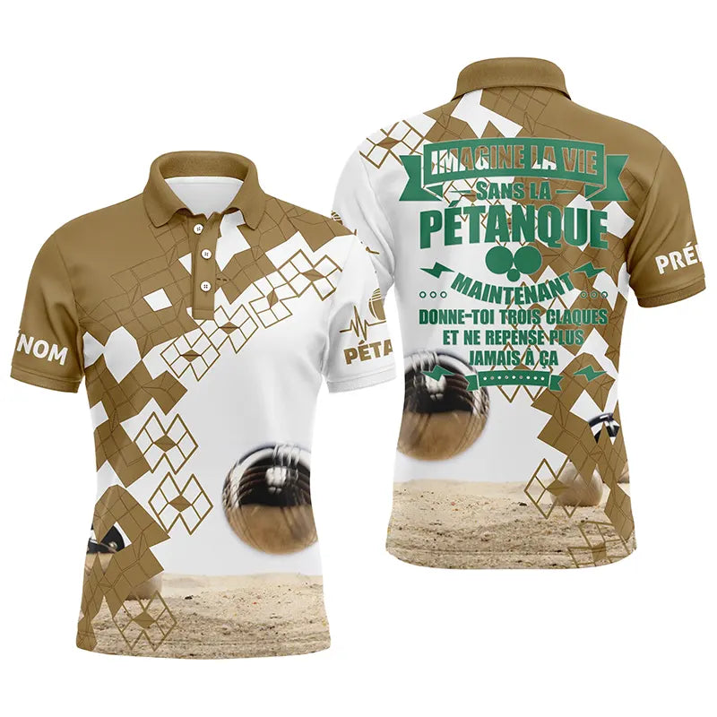 Polo pétanque beige sable damier message imagine la vie sans la pétanque maintenant rebois boules réalistes PRÉNOM