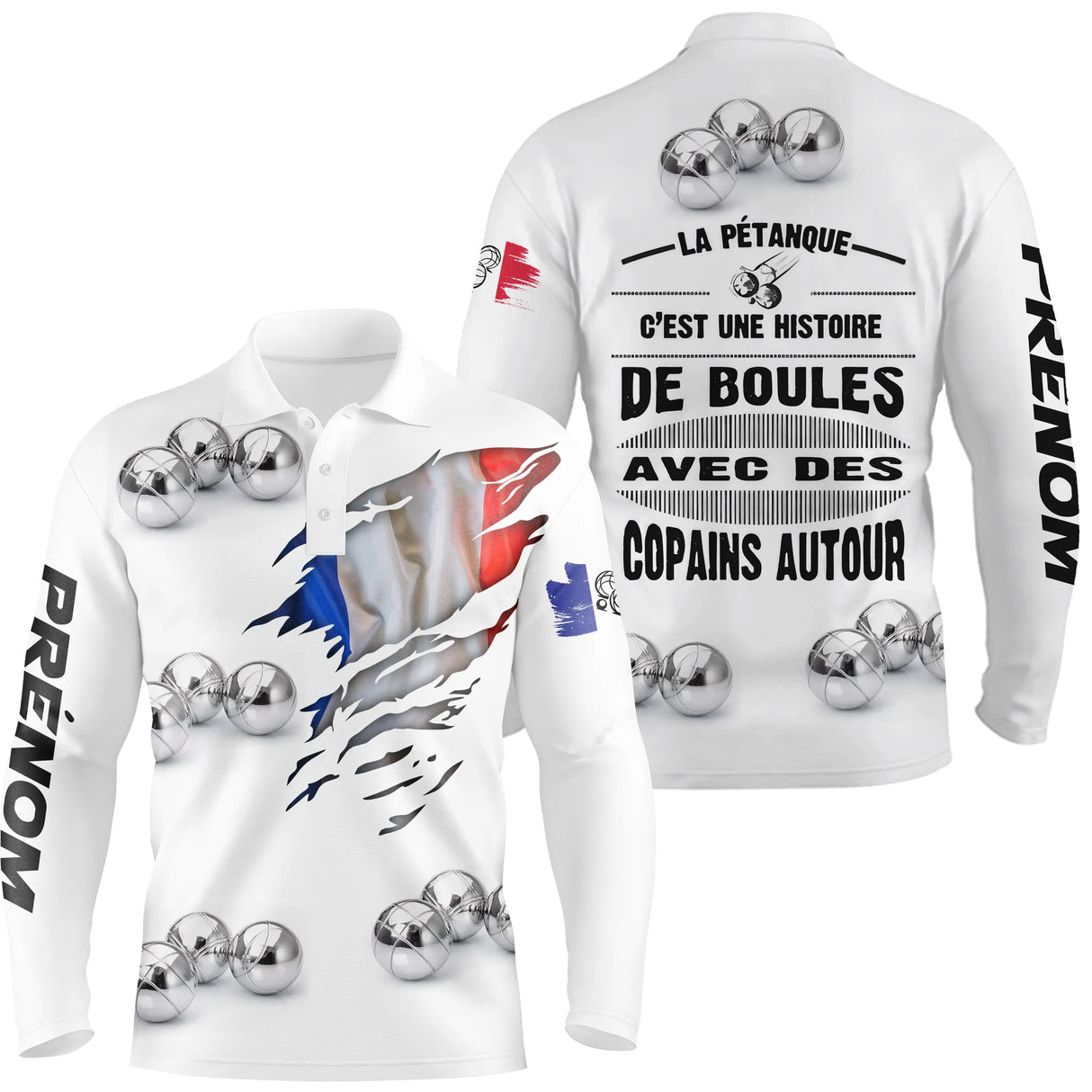 Polo pétanque blanc all over variante coloris boules argentées drapeau français personnalisable