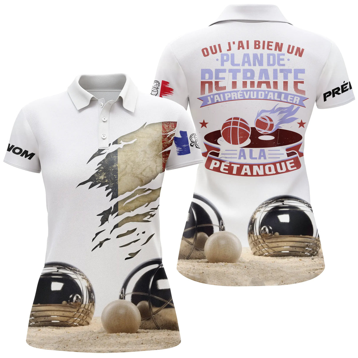 Polo pétanque homme femme manches courtes blanc tricolore retraite, design bouliste personnalisable