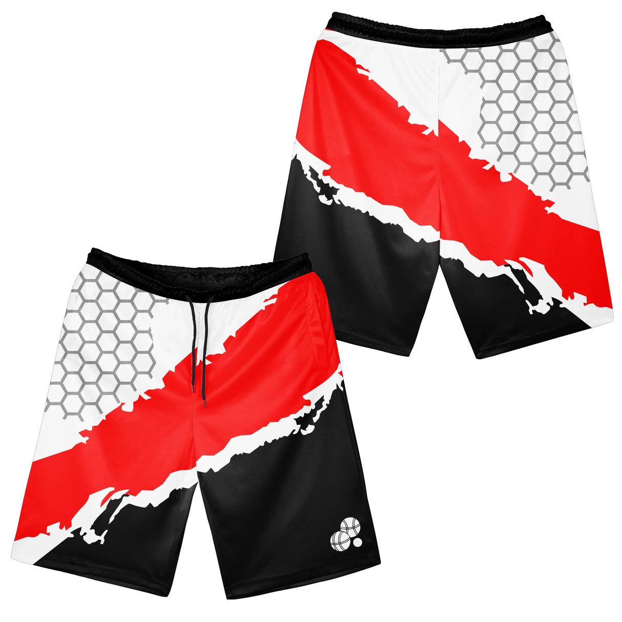Short all-over pétanque rouge et noir assorti au polo motif hexagonal pour bouliste