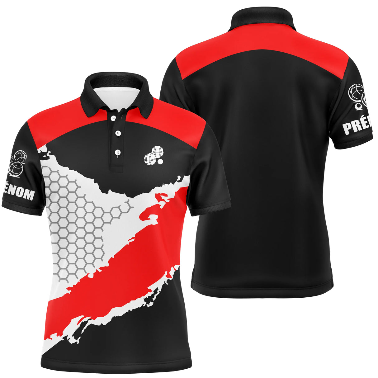 Polo pétanque Femme rouge et noir avec motif alvéolé hexagonal et logo trois boules manche