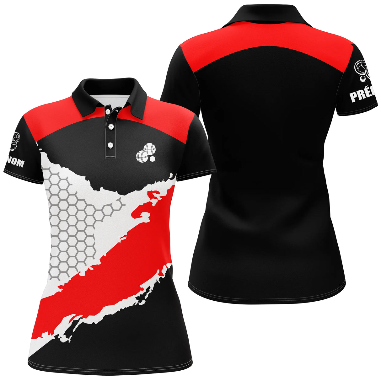 Polo pétanque Homme rouge et noir design alvéole hexagonal sport mécanique et prénom