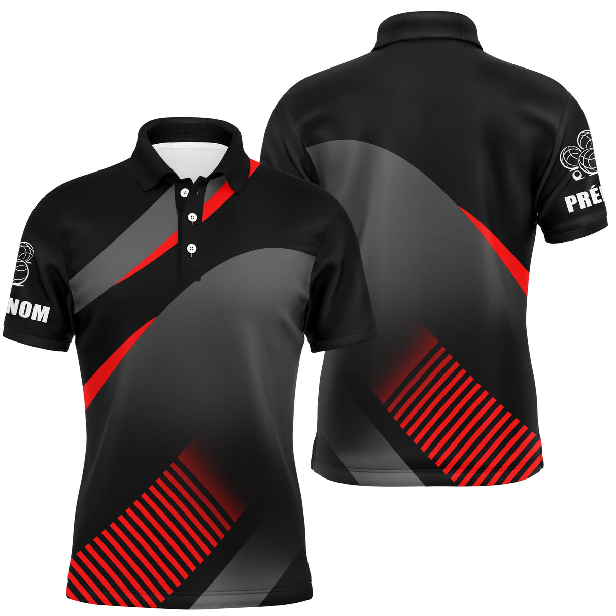 Polo pétanque Femme noir et rouge avec bandes diagonales sport et logo trois boules au manche