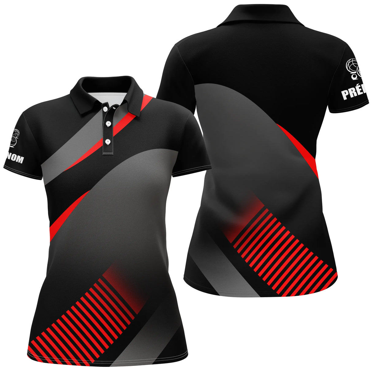 Polo pétanque Homme noir et rouge design diagonal sport avec logo boules et prénom imprimé
