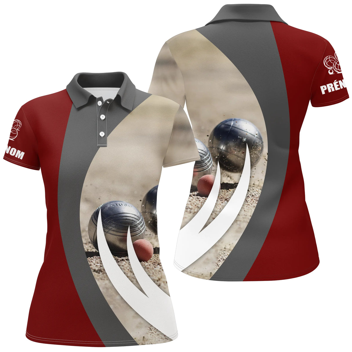 Polo pétanque Homme rouge avec photo boules réalistes cochonnet et nom amicale au dos