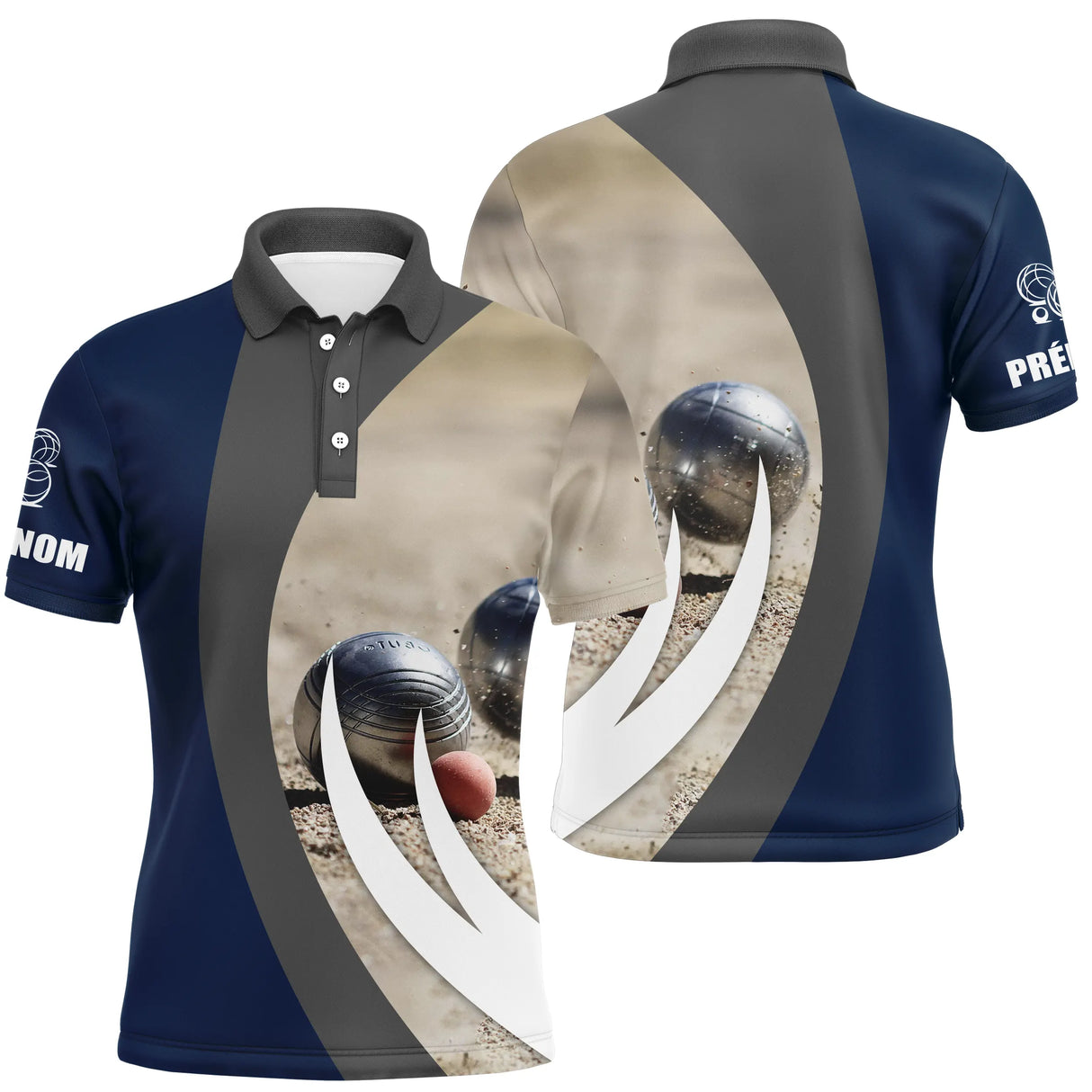 Polo pétanque Femme bleu marine avec photo boules métalliques et cochonnet rouge motif hexagonal