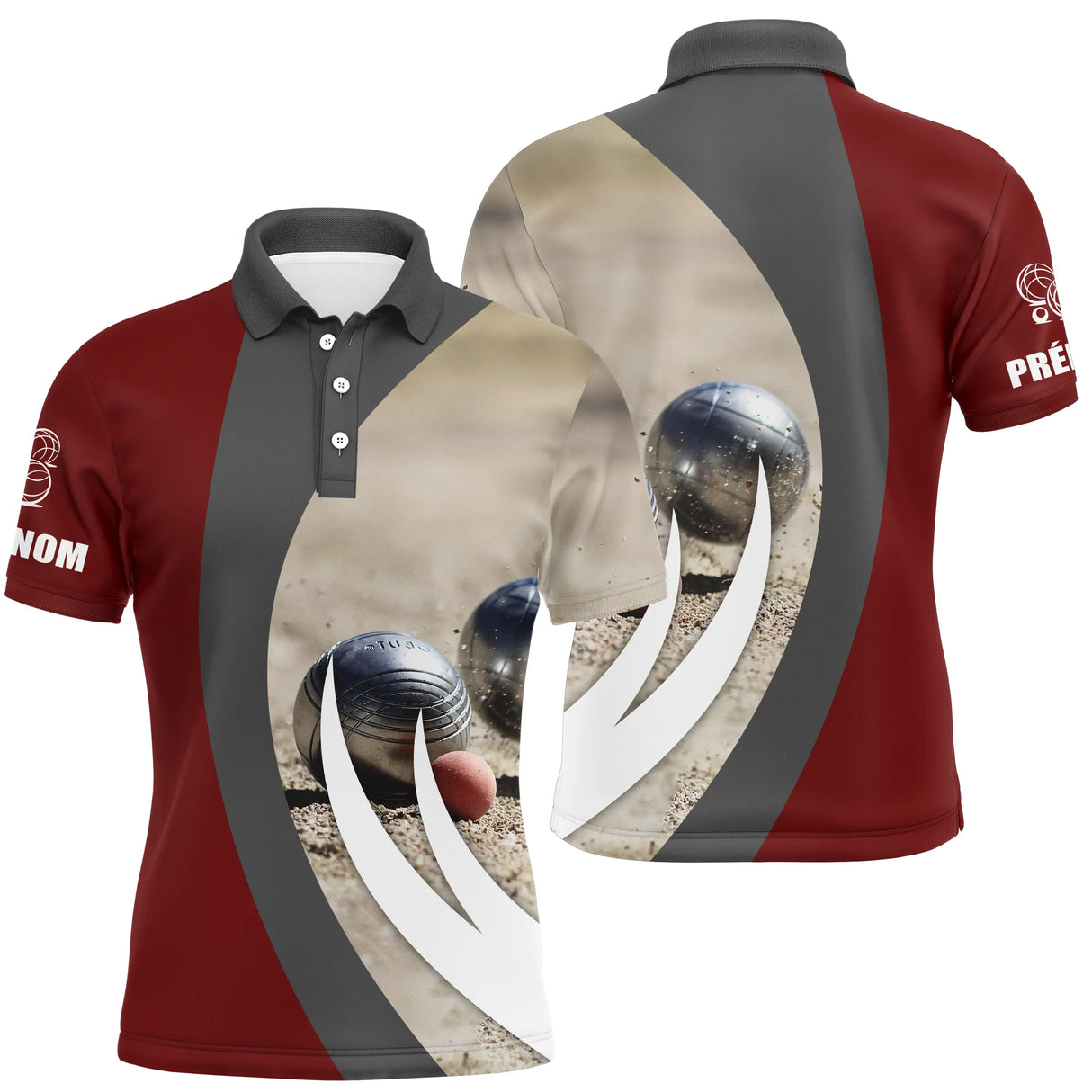 Polo pétanque Femme rouge avec photo boules réelles et cochonnet design hexagonal arrière
