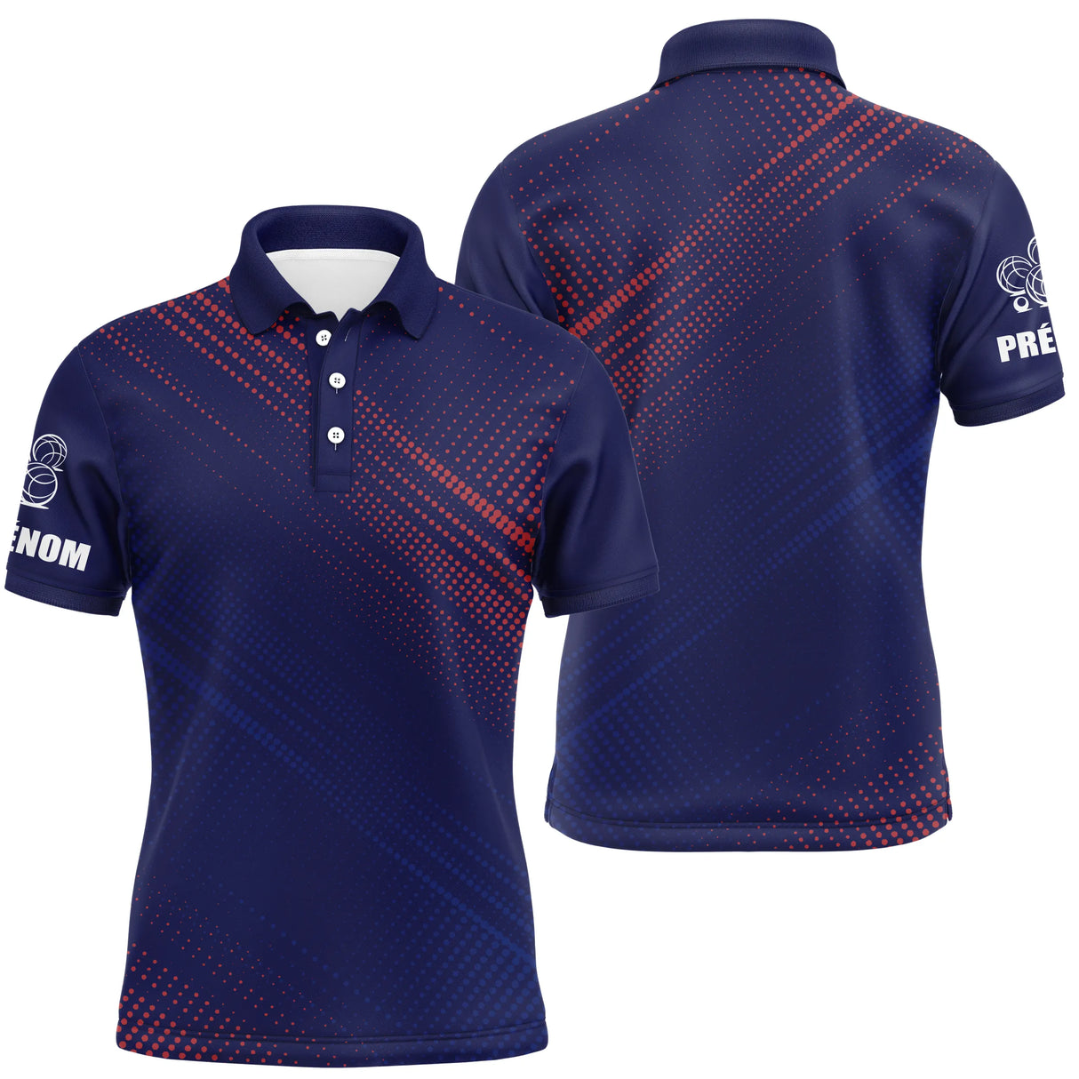 Polo pétanque Femme bleu marine avec halftone rouge diagonale et logo trois boules manche