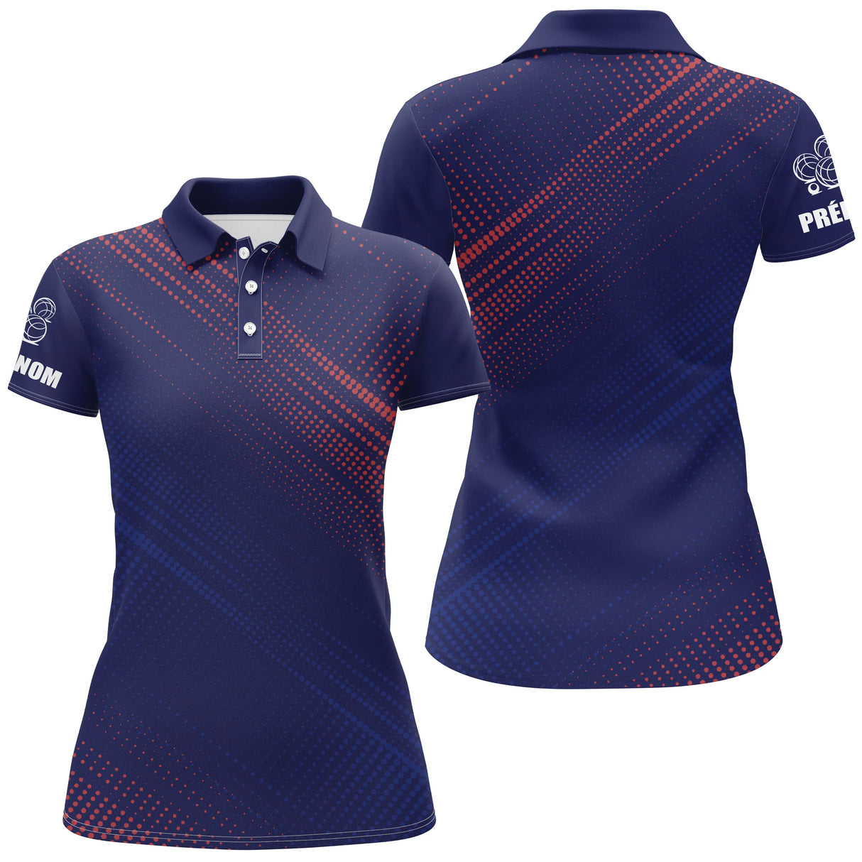 Polo pétanque Homme bleu marine design halftone points rouges et prénom imprimé manche