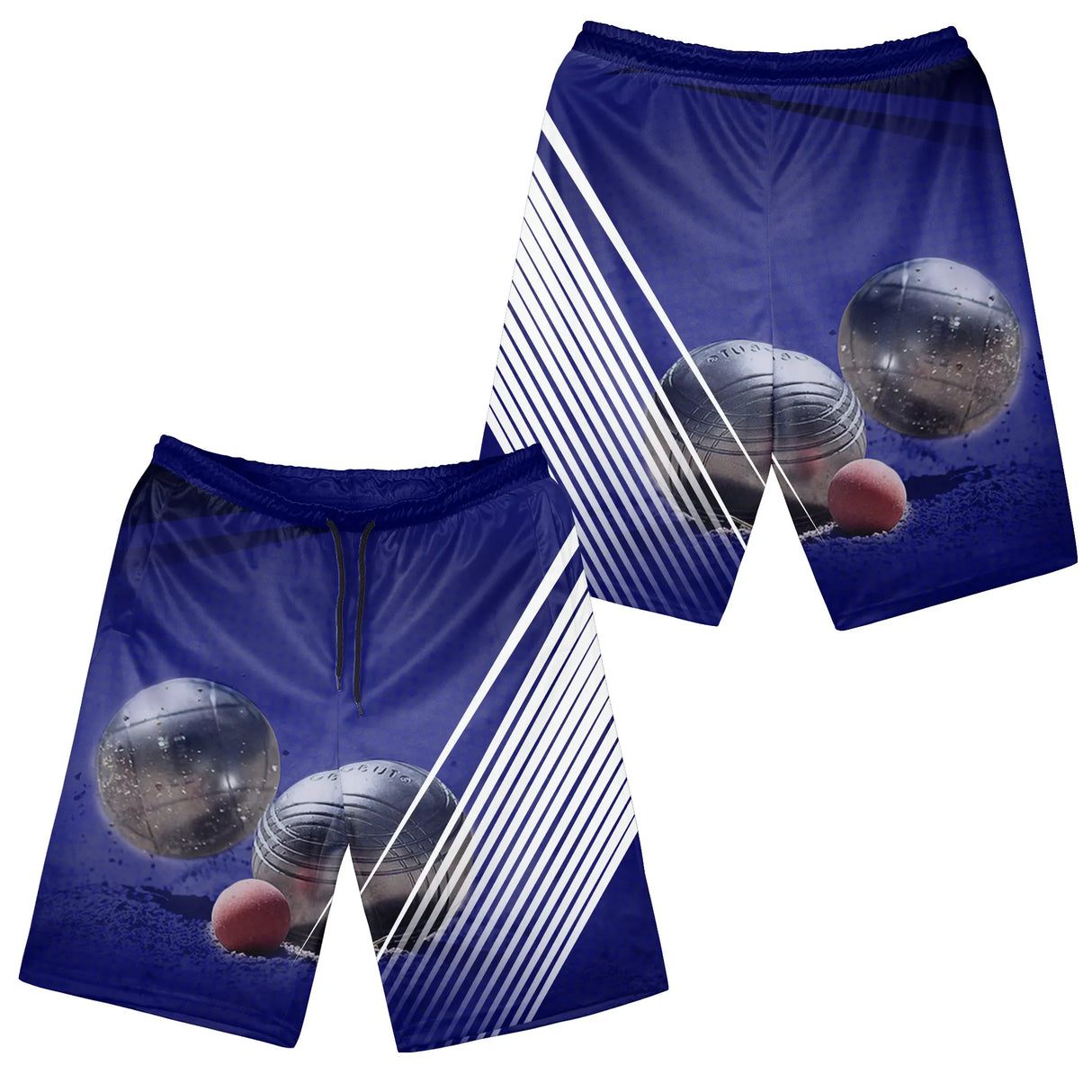 Short all-over pétanque bleu marine assorti au polo photo boules réelles pour bouliste