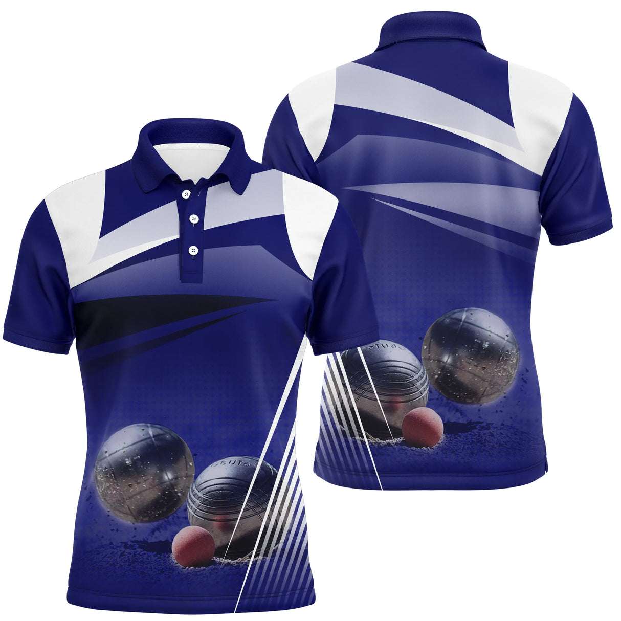Polo pétanque Femme bleu marine avec photo réaliste des boules sur la sciure et logo manche