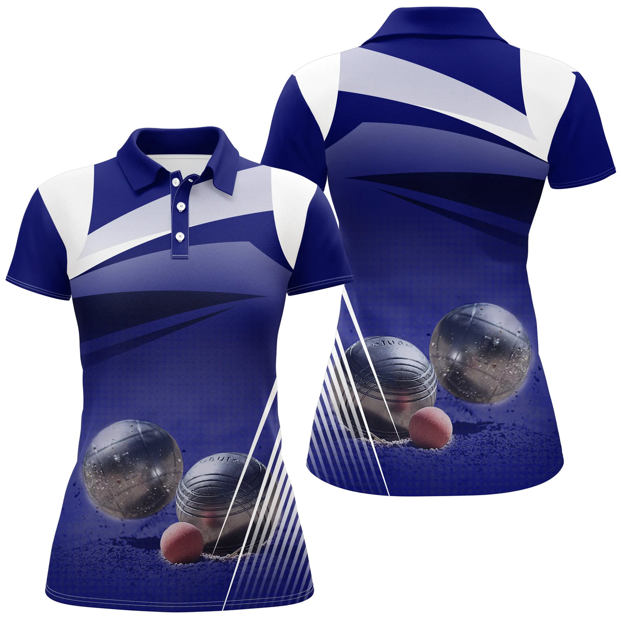 Polo pétanque Homme bleu marine photo de boules métalliques sur sciure et prénom au manche