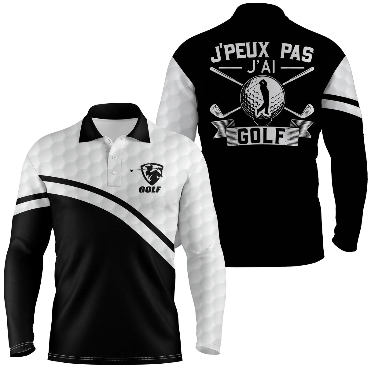 Polo de golf manches longues unisexe noir et blanc clubs croisés J'peux Pas J'ai Golf parcours frais