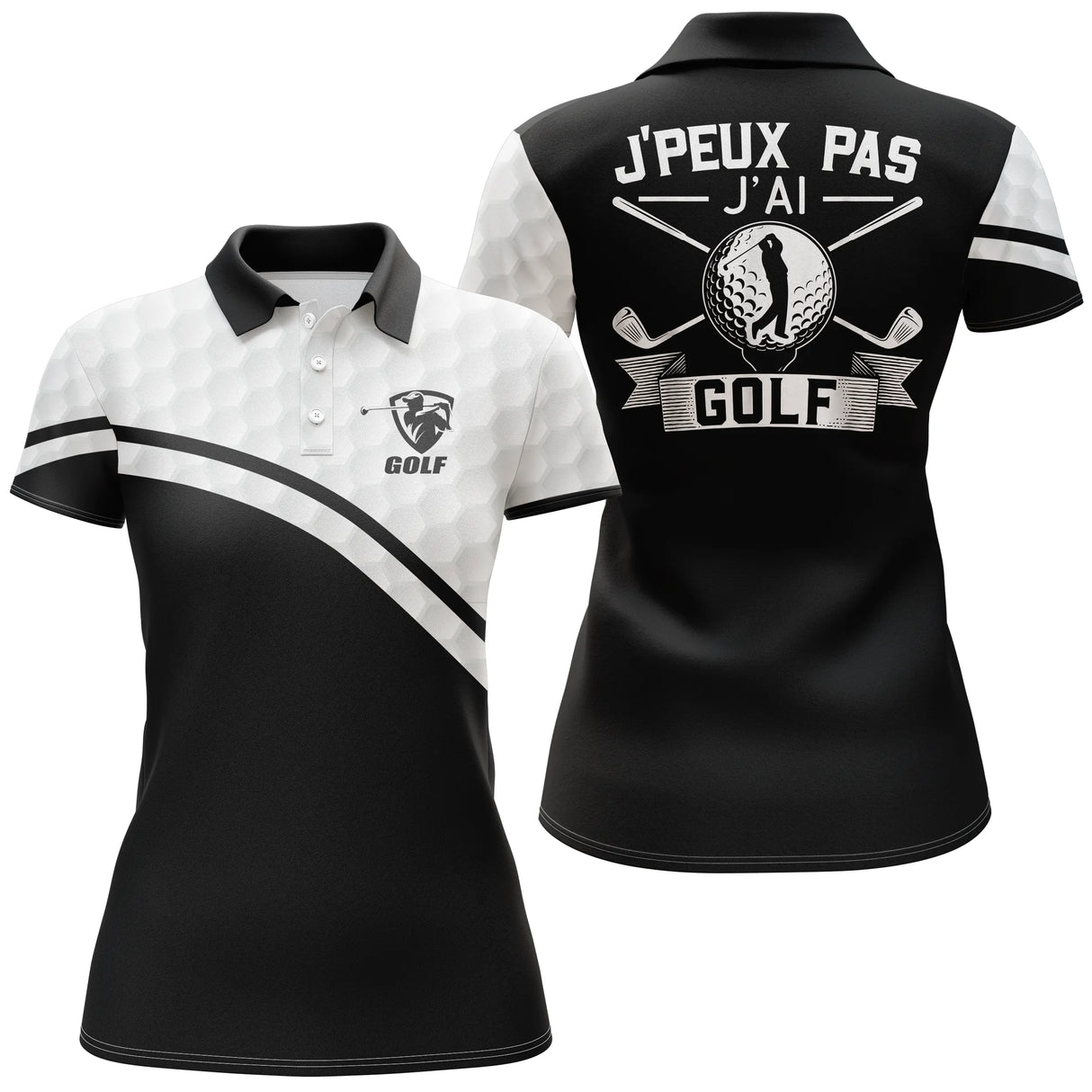 Polo de golf femme bicolore noir et blanc clubs croisés lettrage humoristique coupe ajustée féminine