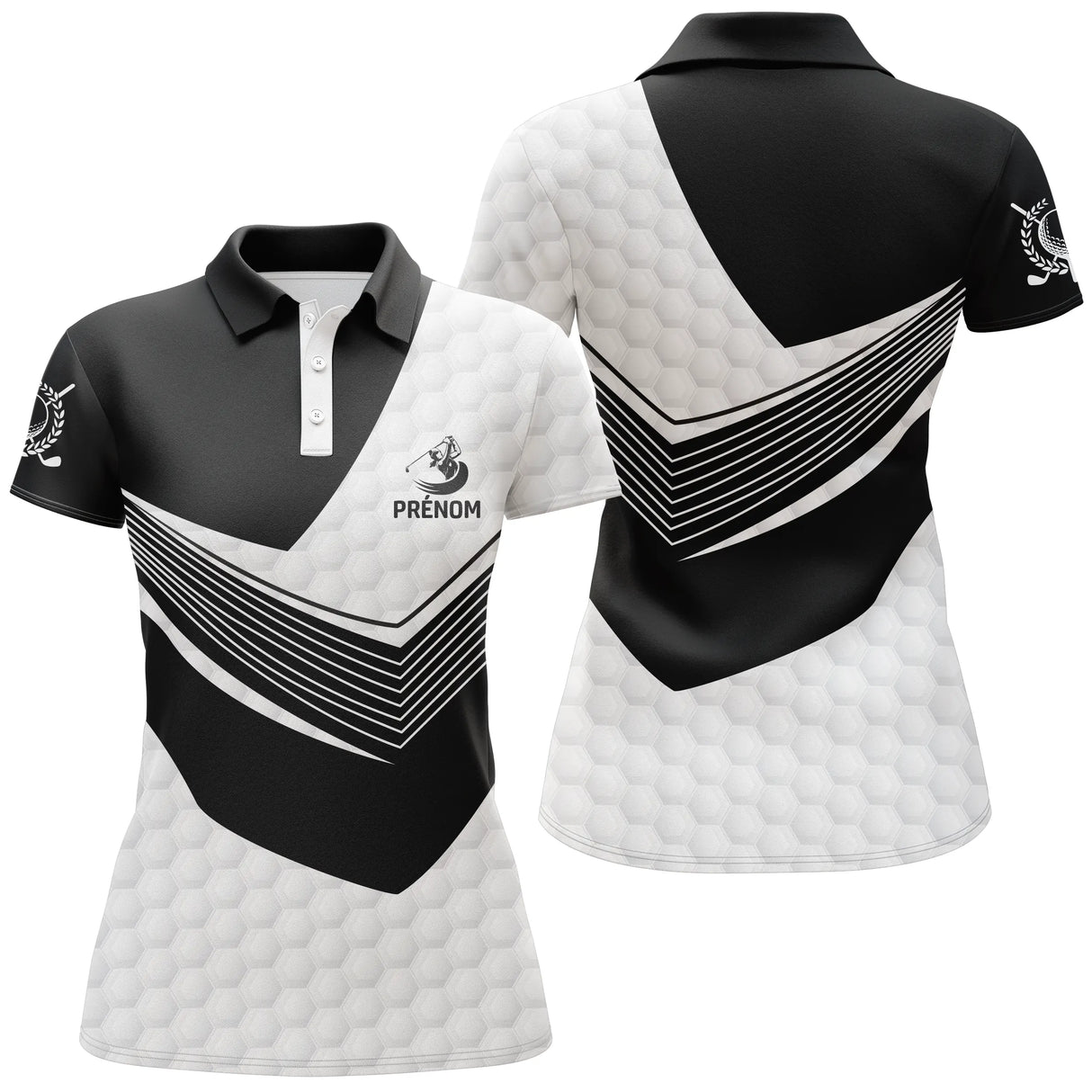 Polo golf noir et blanc femme avec figure de golfeur et lignes sportives, prénom personnalisé