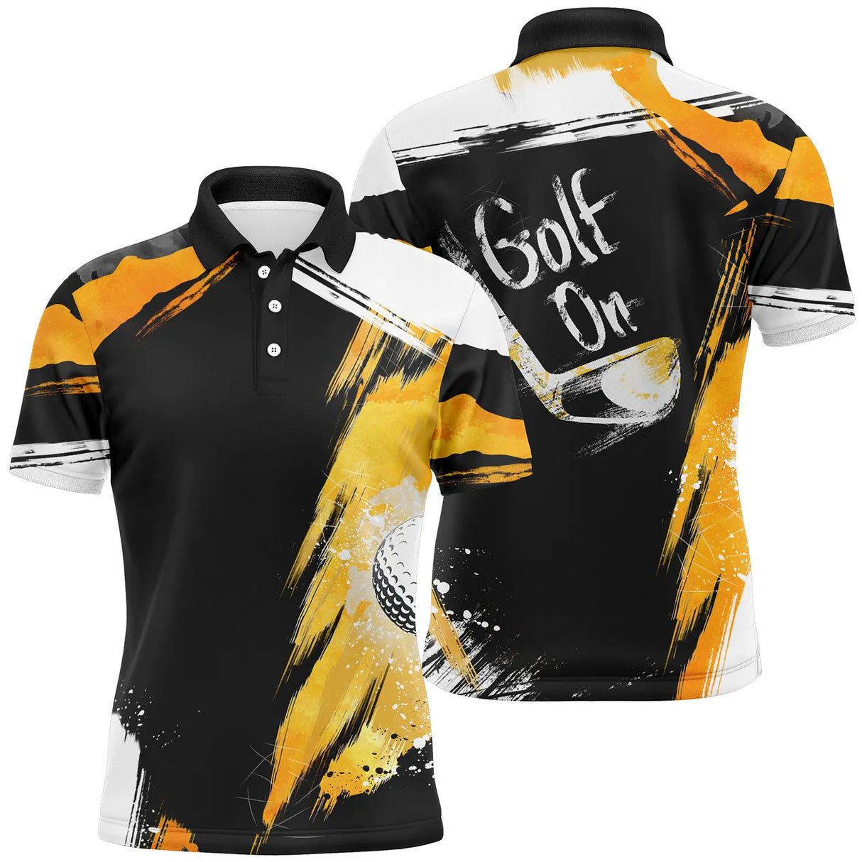 Polo golf noir et jaune orange homme avec inscription GOLF ON et silhouette golfer en swing