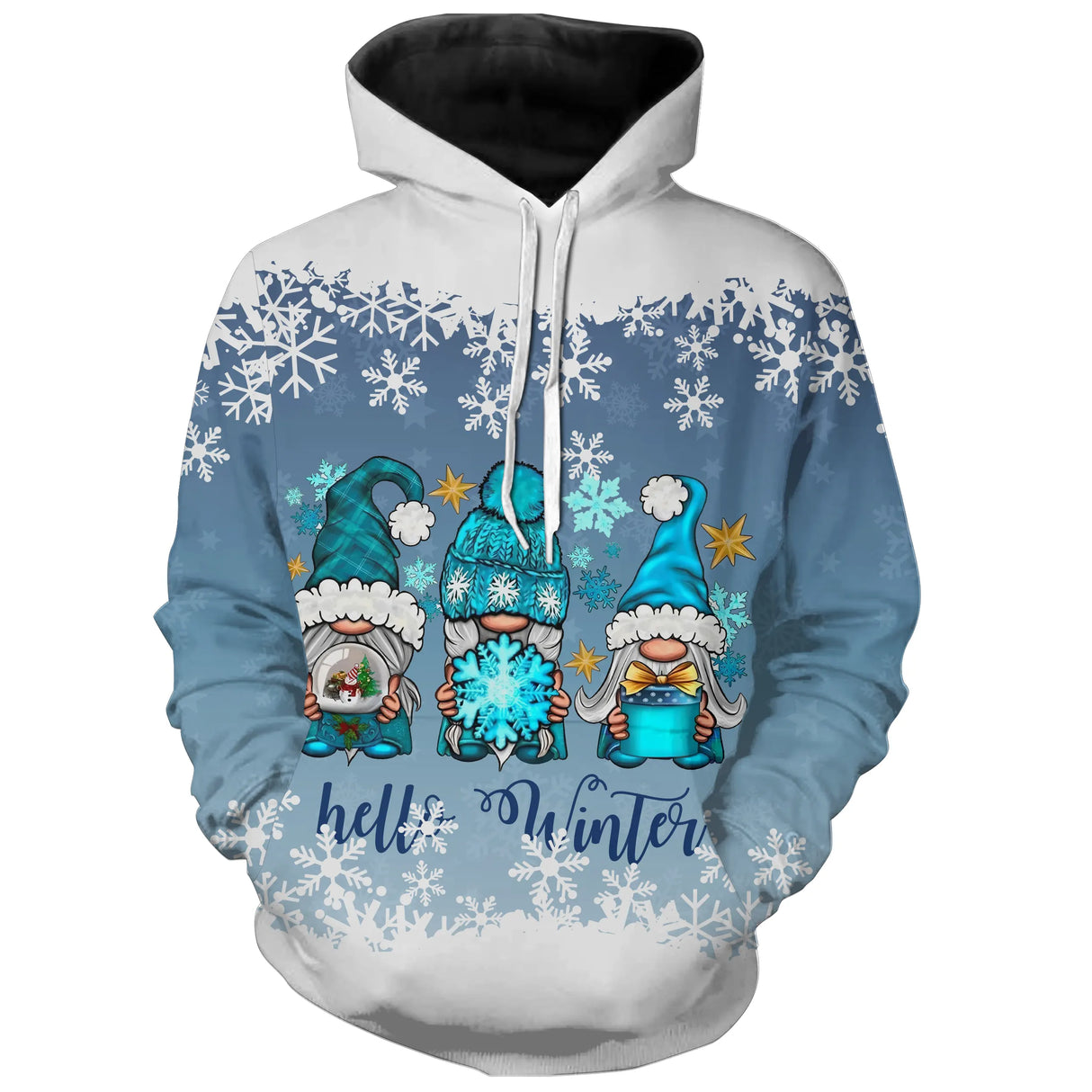 Sweat à capuche Noël bleu unisexe avec gnomes de Noël colorés et inscription Hello Winter sous flocons