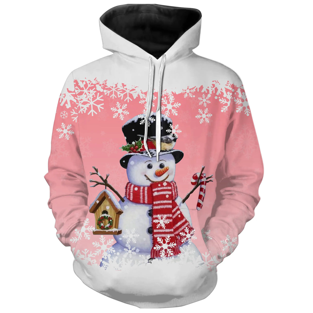 Pull noël variante festive rose avec bonhomme de neige souriant, oiseau et maisonnette