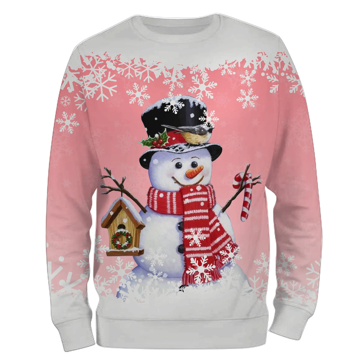 Sweat noël unisexe rose avec bonhomme de neige souriant, oiseau et maisonnette