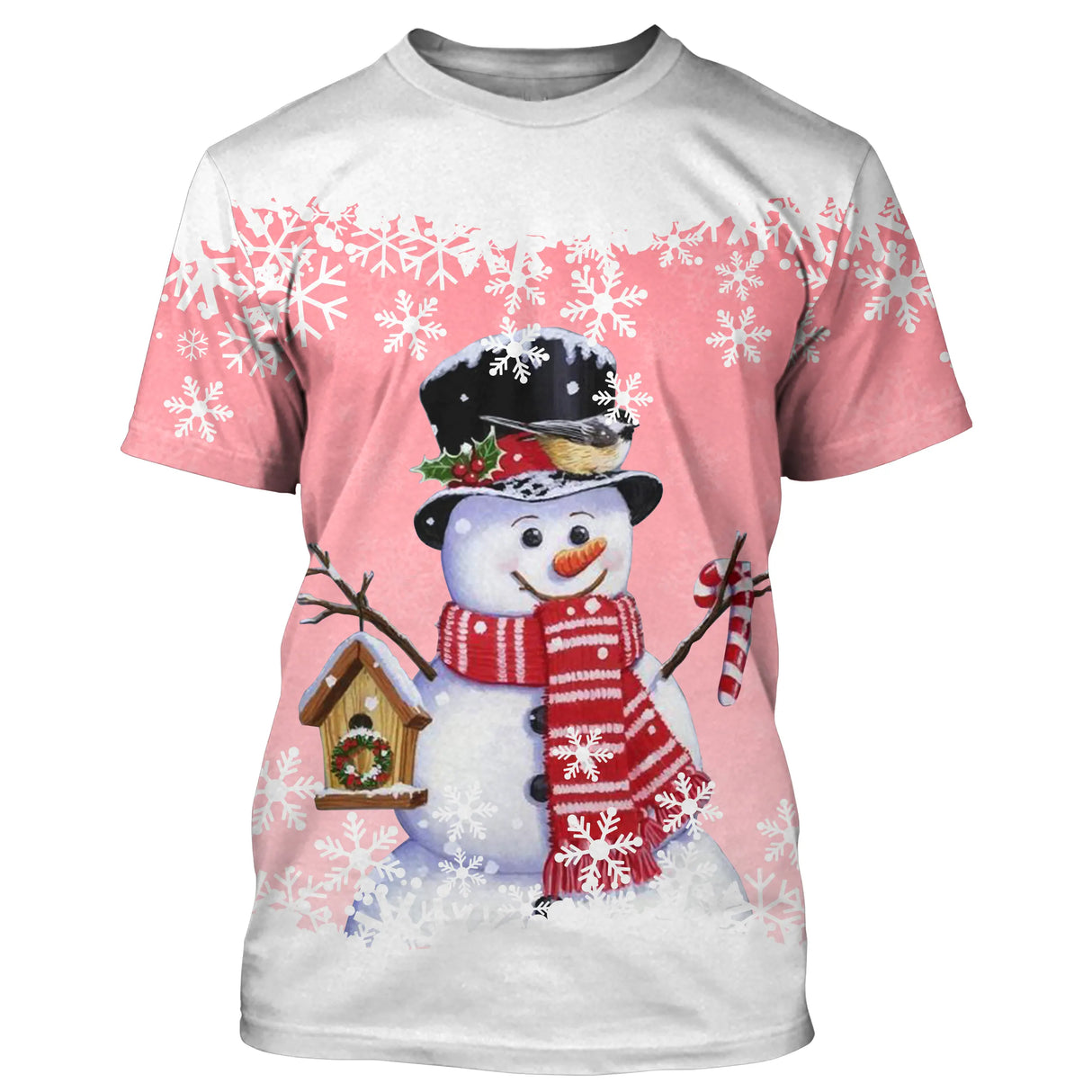 Sweat noël variante avec rose avec bonhomme de neige souriant, oiseau et maisonnette