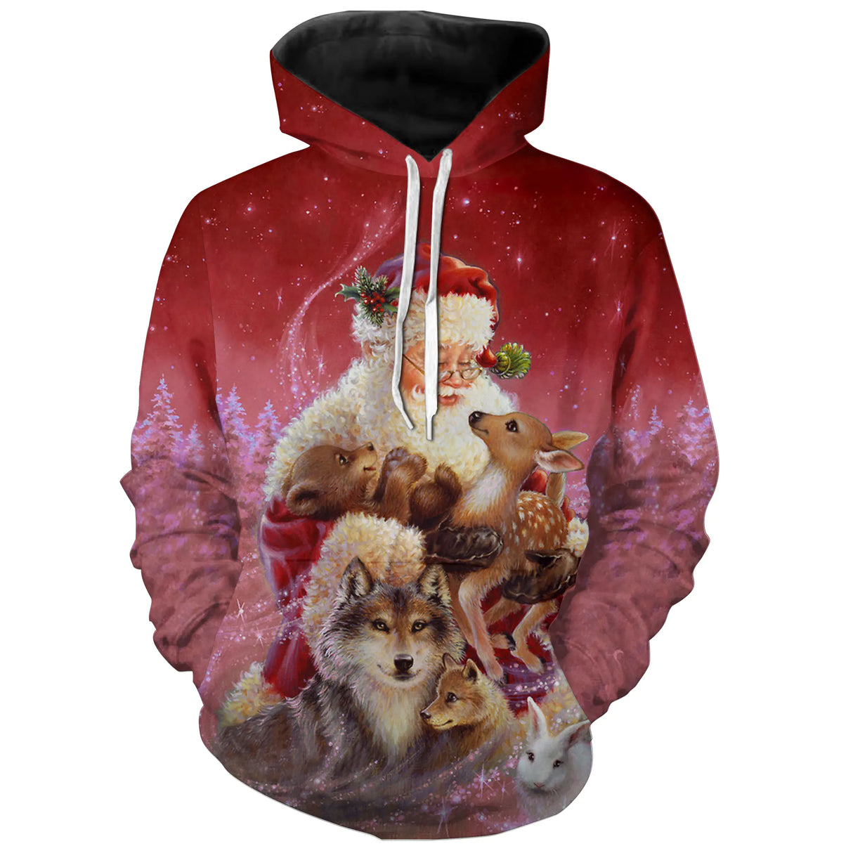 Sweat noël unisexe rouge avec Père Noël et animaux de la forêt loup et renard