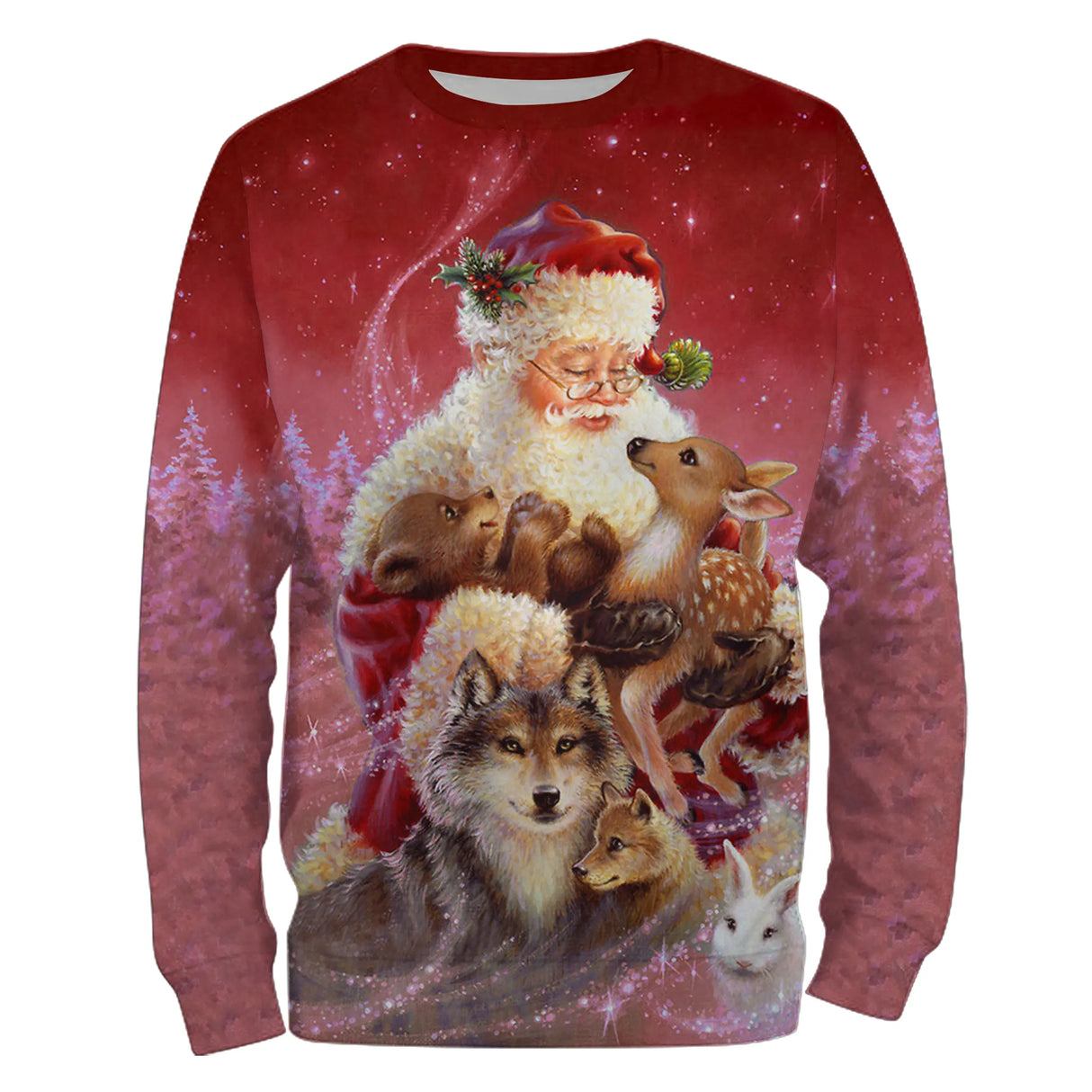 Sweat noël variante avec rouge avec Père Noël et animaux de la forêt loup et renard