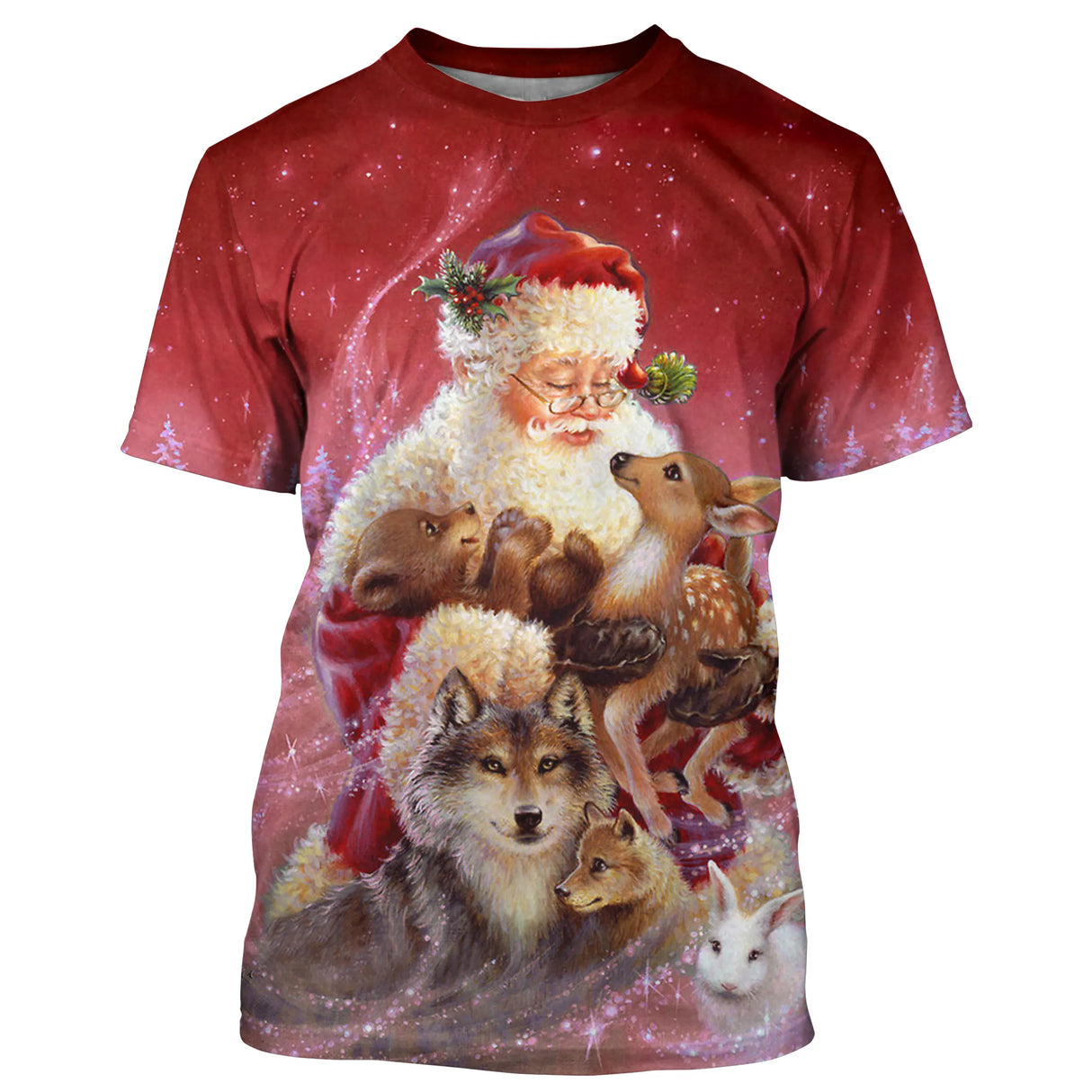 Pull noël variante festive rouge avec Père Noël et animaux de la forêt loup et renard