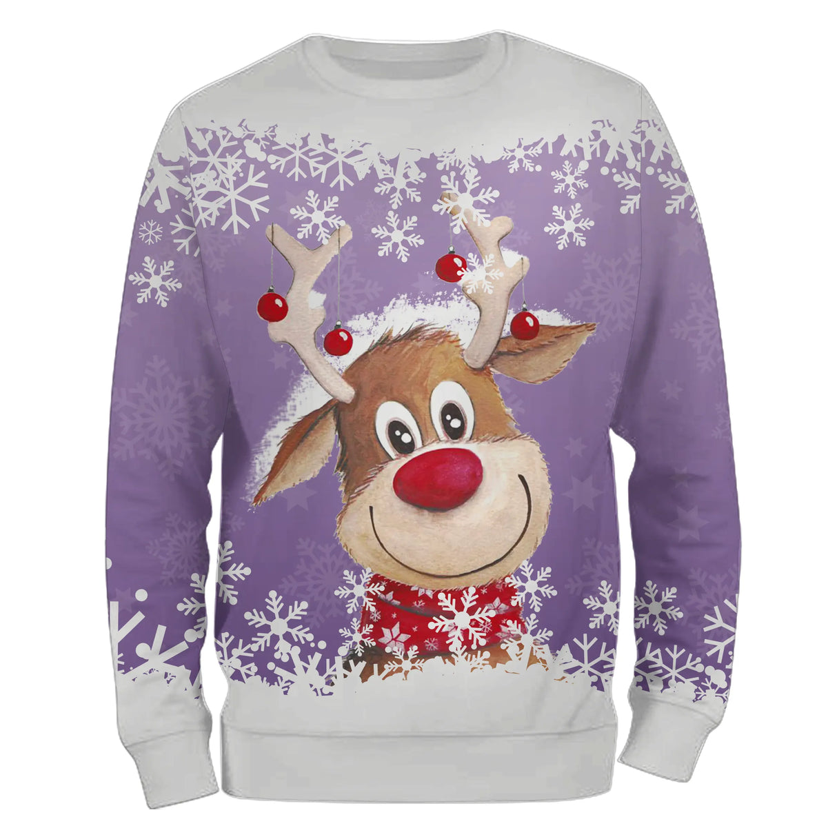 Pull de Noël en Tricot à Motif de Renne Souriant avec Nez Rouge et Flocons de Neige - CT04112340 - Sweat All Over Unisexe