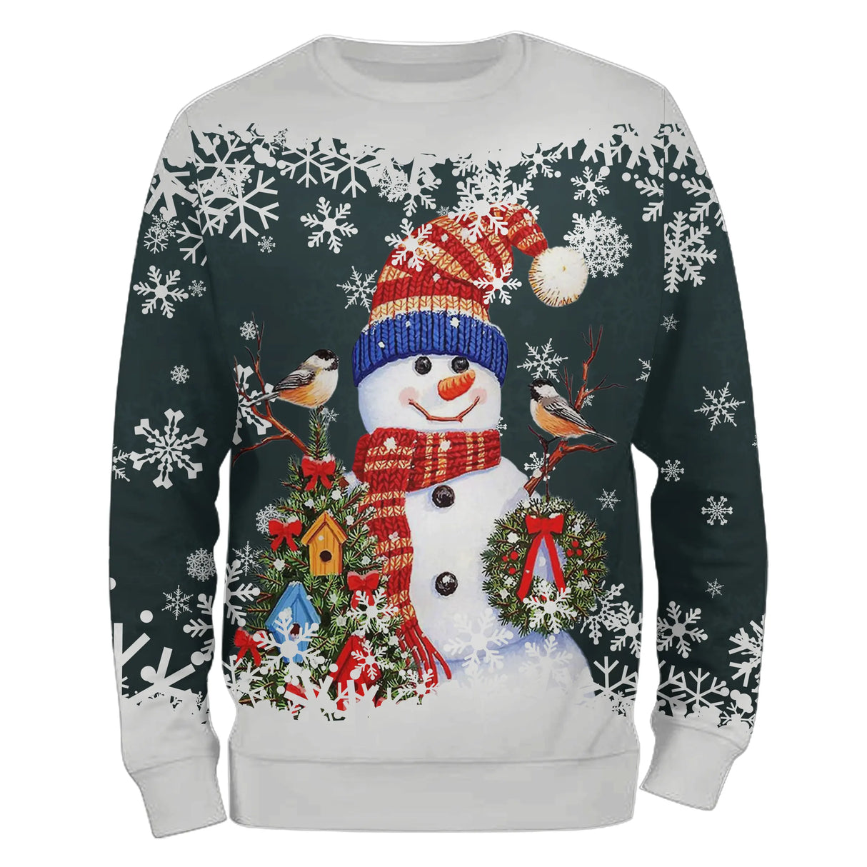 Sweat noël variante avec vert douillet avec bonhomme de neige souriant et flocons