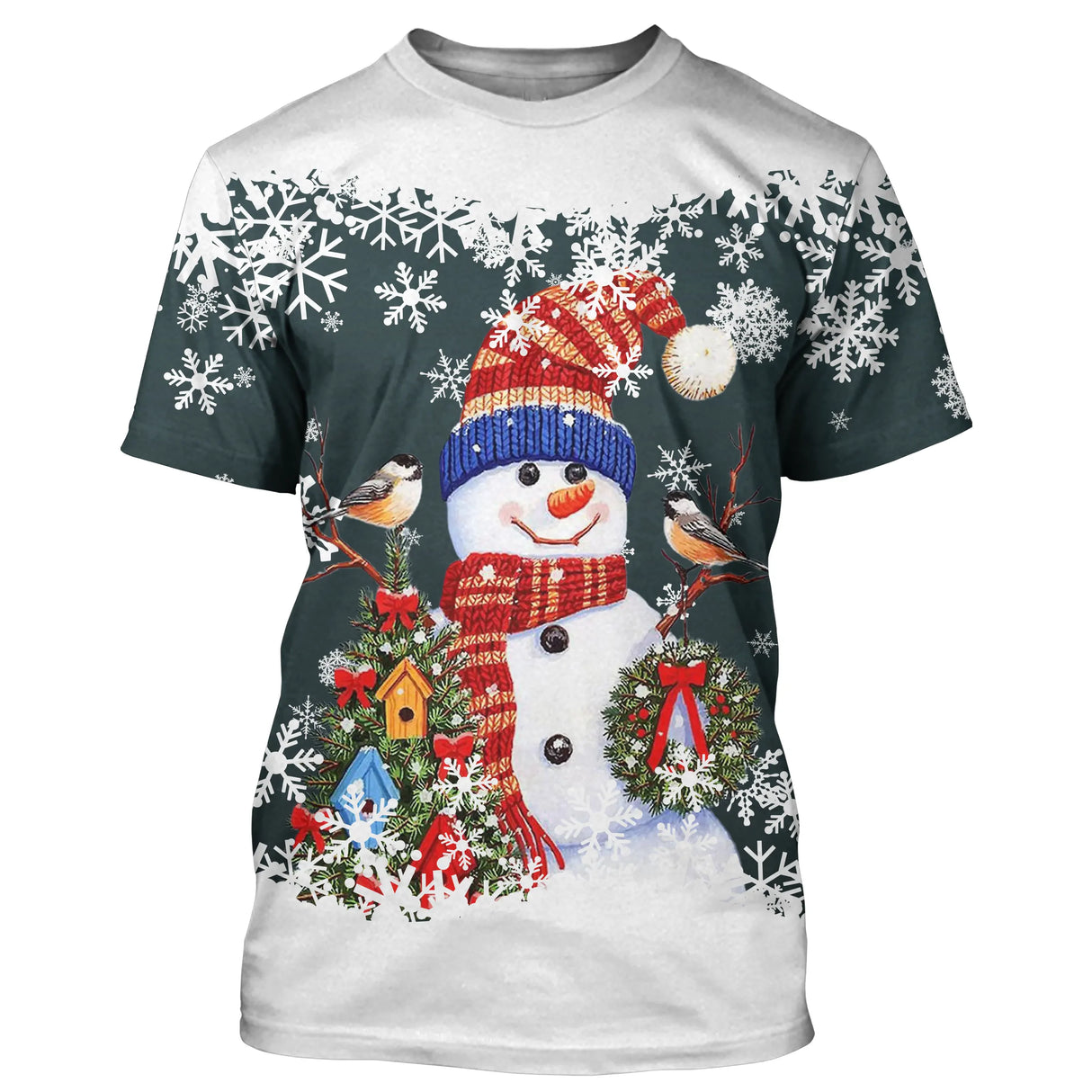 Pull noël variante festive vert douillet avec bonhomme de neige souriant et flocons