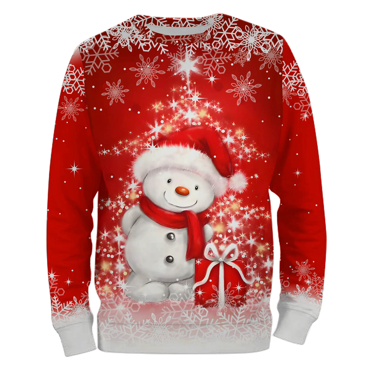 Sweat noël unisexe rouge éclatant avec bonhomme de neige et écharpe rouge