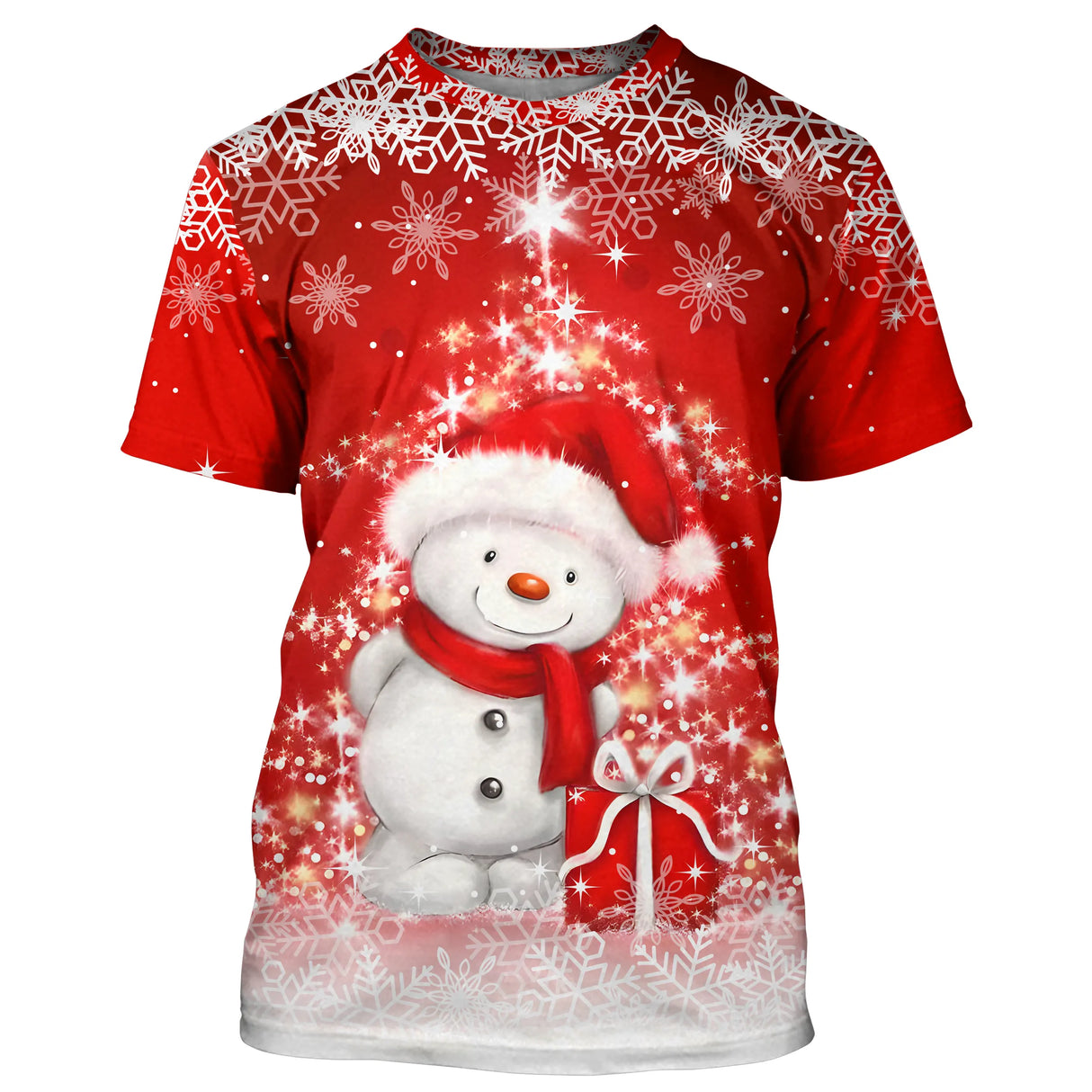 Pull noël variante festive rouge éclatant avec bonhomme de neige et écharpe rouge