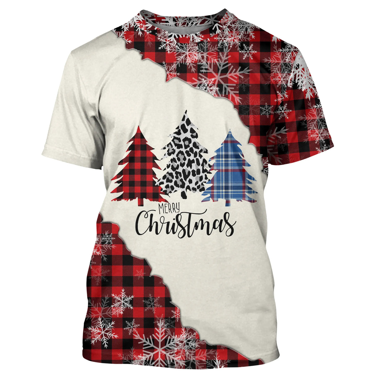 Pull noël variante festive blanc et rouge tartan avec sapins, flocons et inscription Christmas