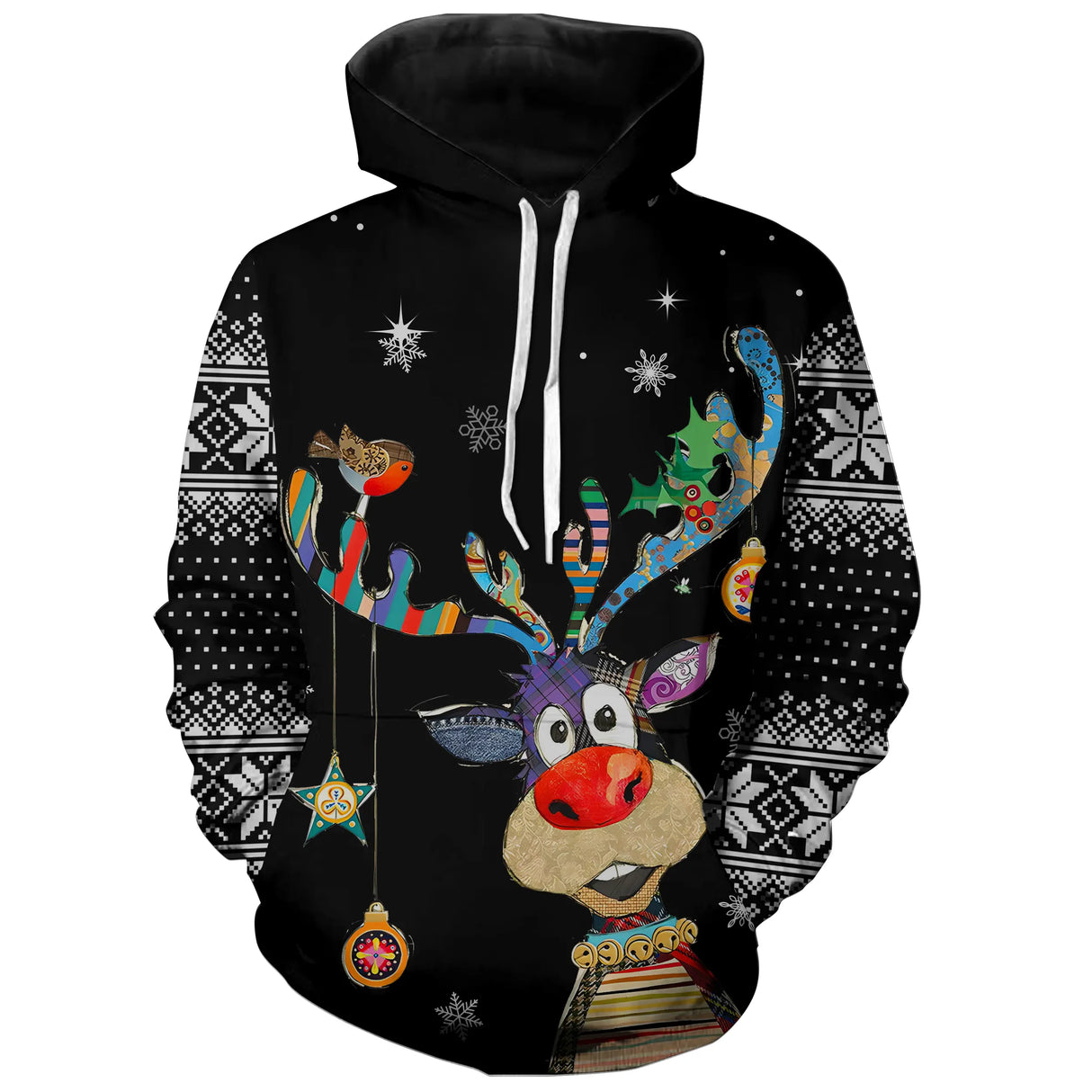 Sweat noël unisexe noir avec renne coloré, ornements hivernaux et flocons