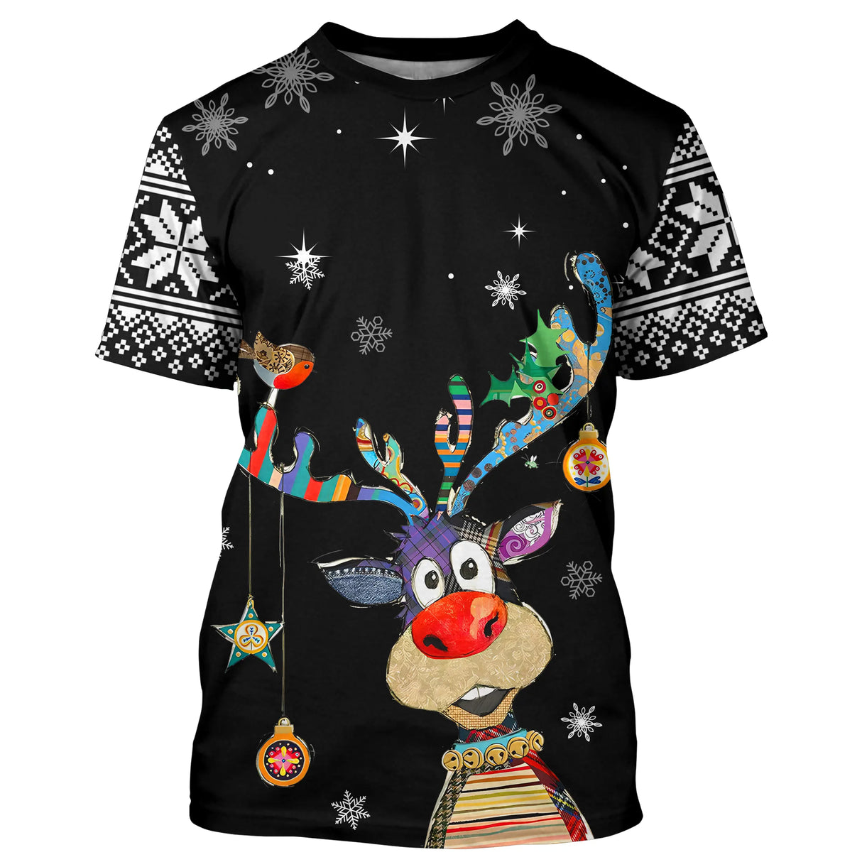 Pull noël variante festive noir avec renne coloré, ornements hivernaux et flocons