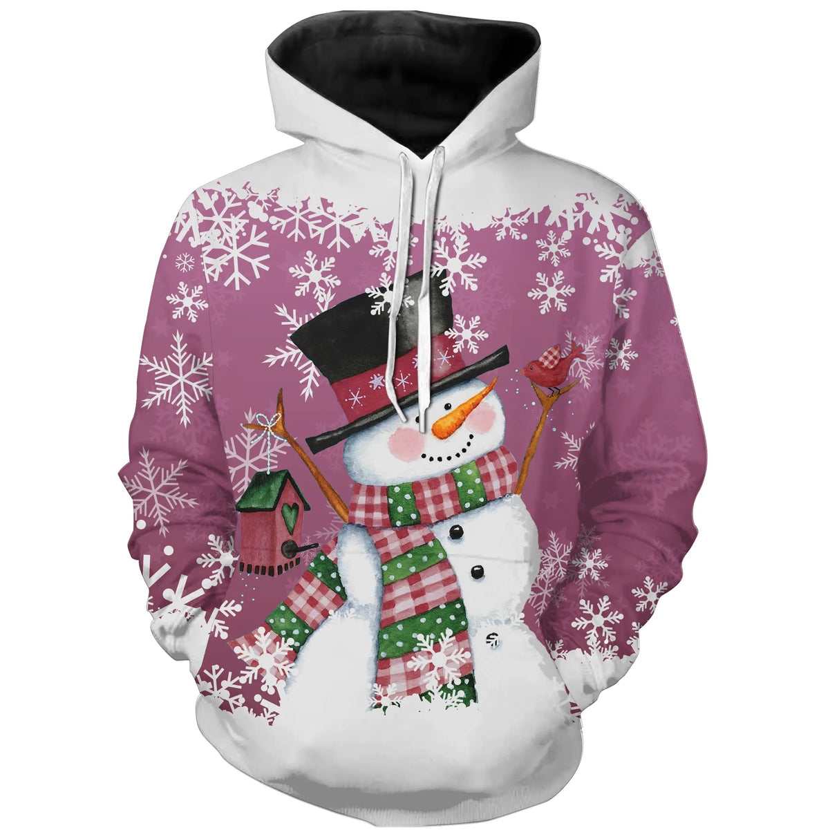 Sweat noël unisexe rose avec bonhomme de neige, écharpe et flocons festifs