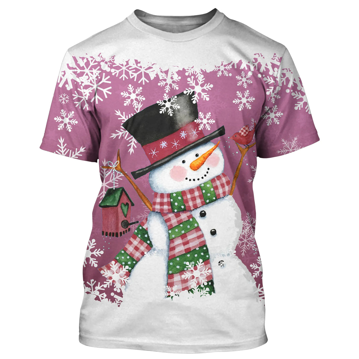 Pull noël variante festive rose avec bonhomme de neige, écharpe et flocons festifs