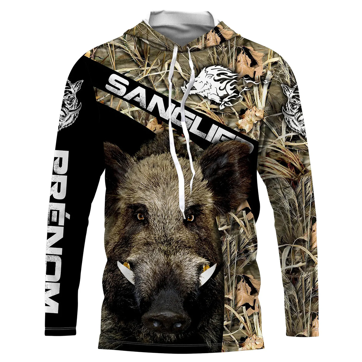 Sweat à capuche chasse sanglier camo orange, tête sanglier centrale et roseaux, vêtement chaud chasseur