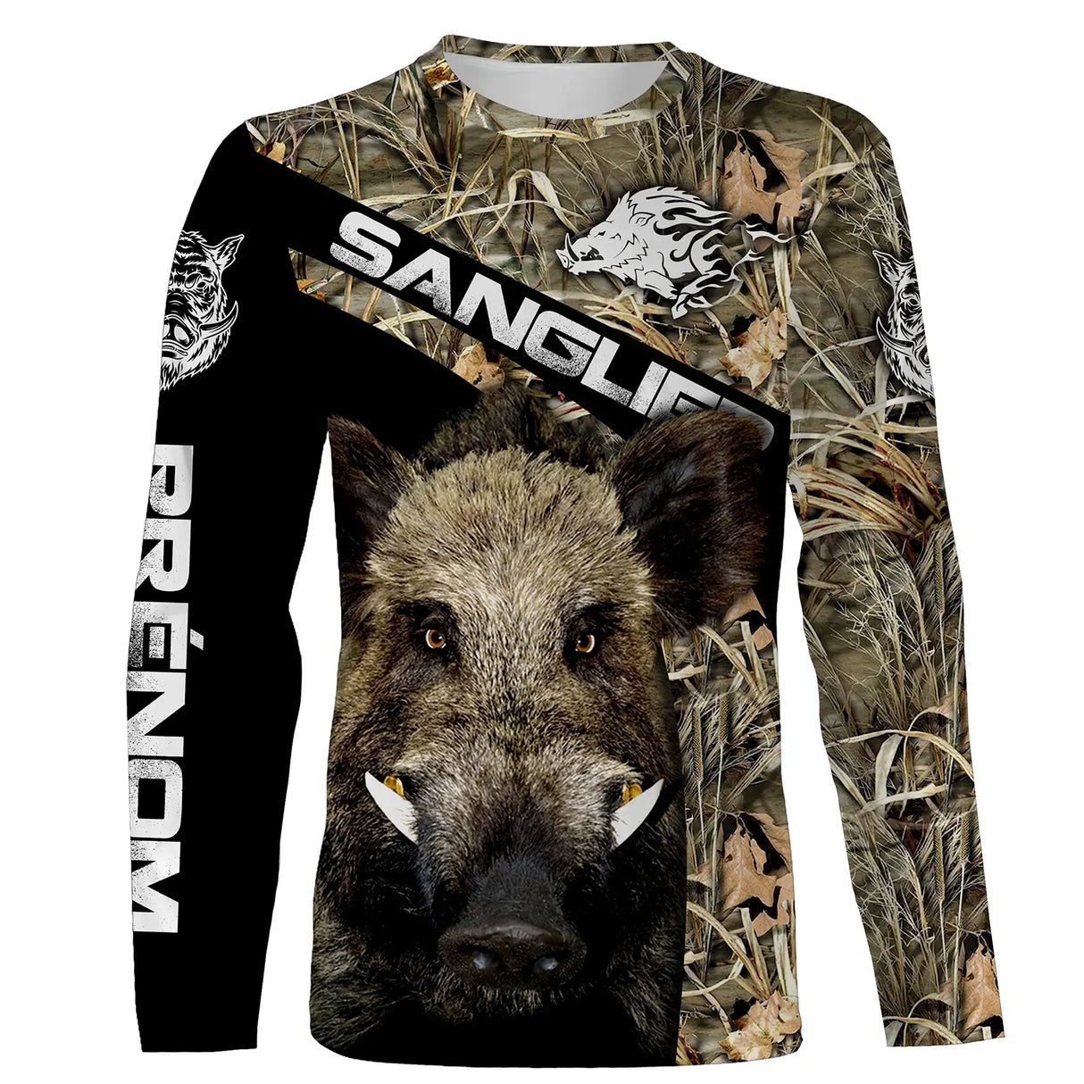 T-shirt sanglier camo orange vue de face design battue, coupe unisexe personnalisable pour chasseur sécurité