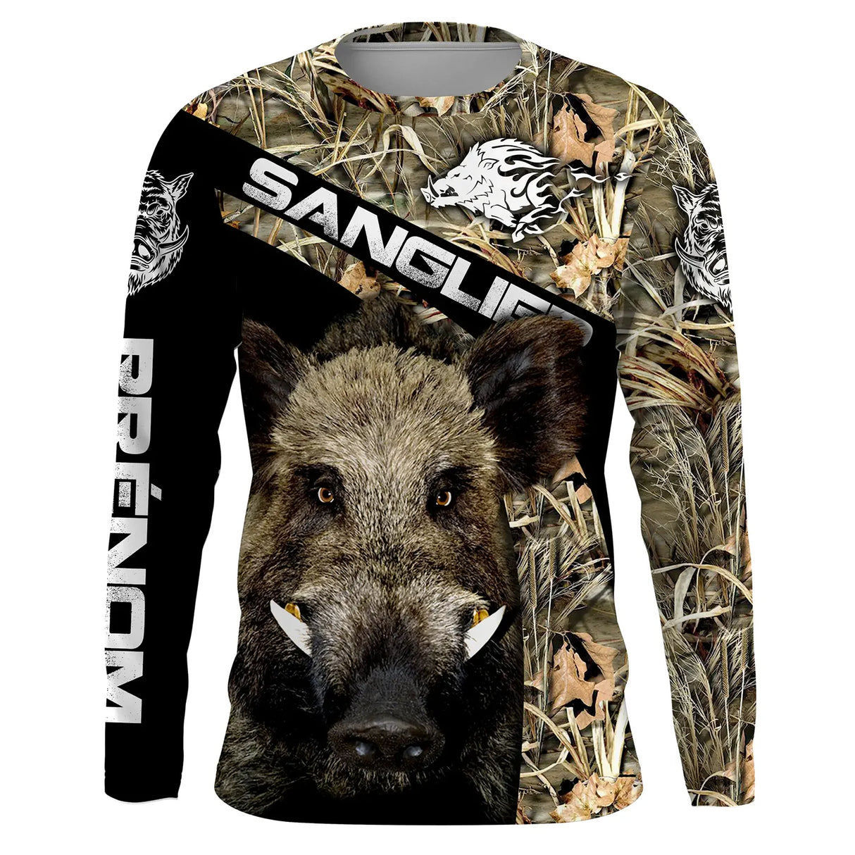 T-shirt anti UV chasse sanglier orange flamboyant, motif tête sanglier et lettrage, accessoire personnalisable