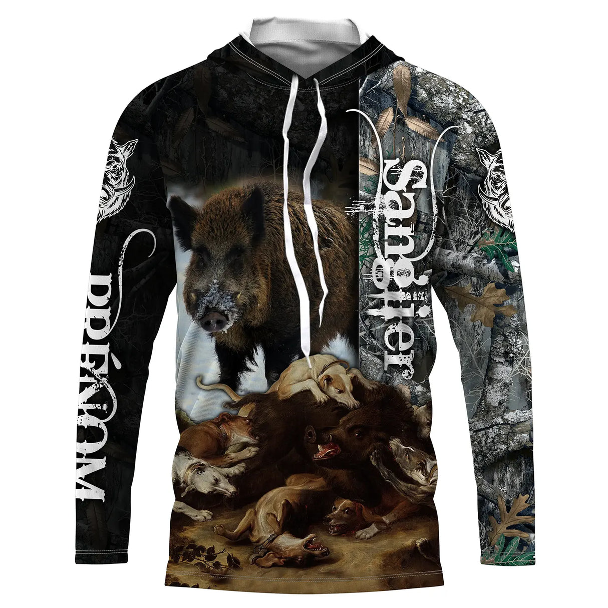 Sweat à capuche chasse sanglier chiens à courre, design action et lettrage SANGLIER, vêtement chaud chasseur