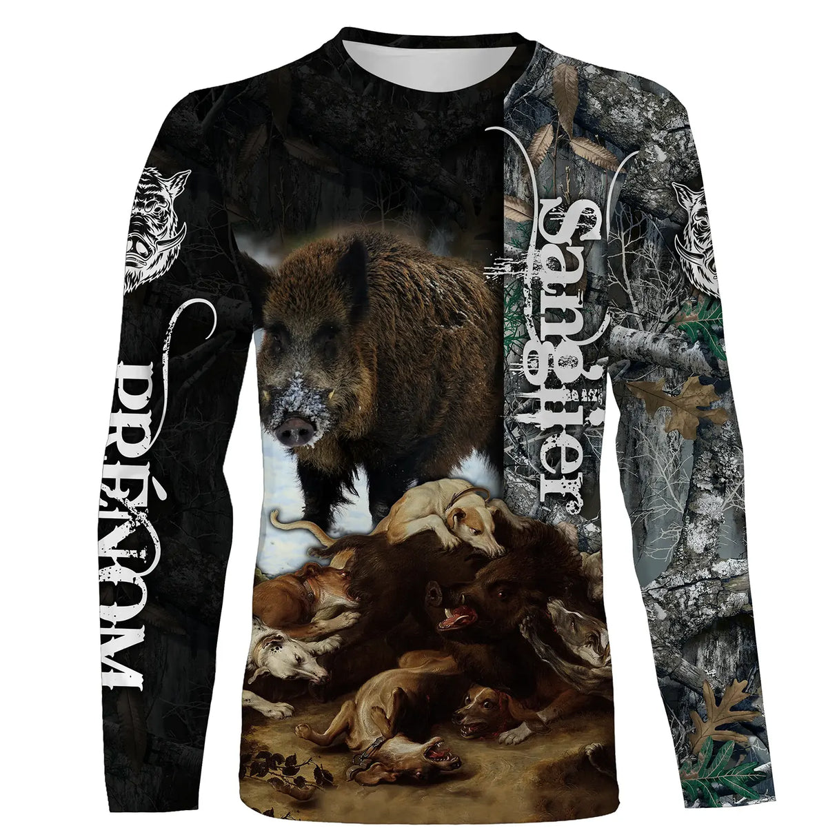 T-shirt chasse à courre vue de face design dynamique meute de chiens, coupe unisexe personnalisable veneur