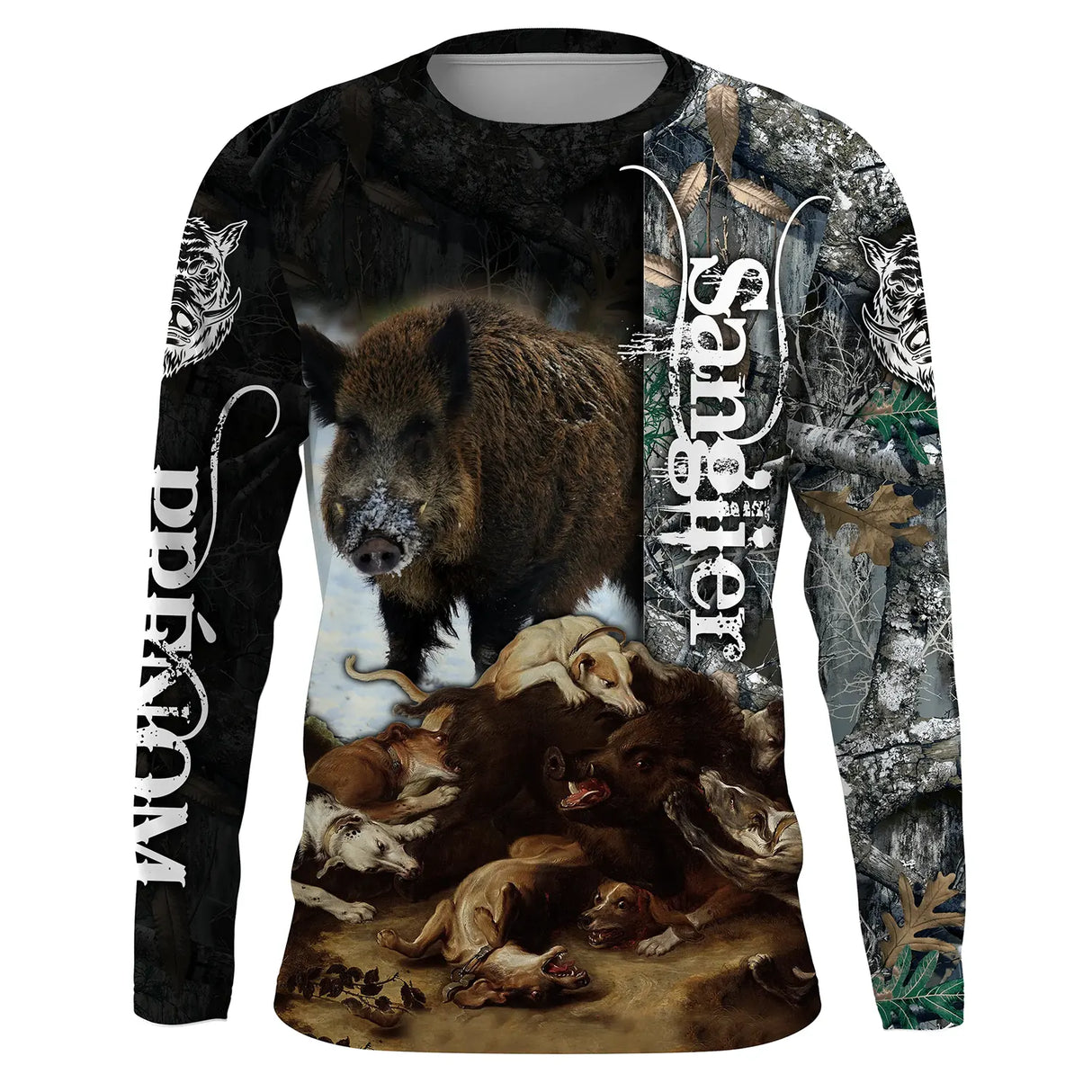 T-shirt anti UV chasse sanglier meute de chiens, motif chasse à courre, accessoire personnalisable veneur