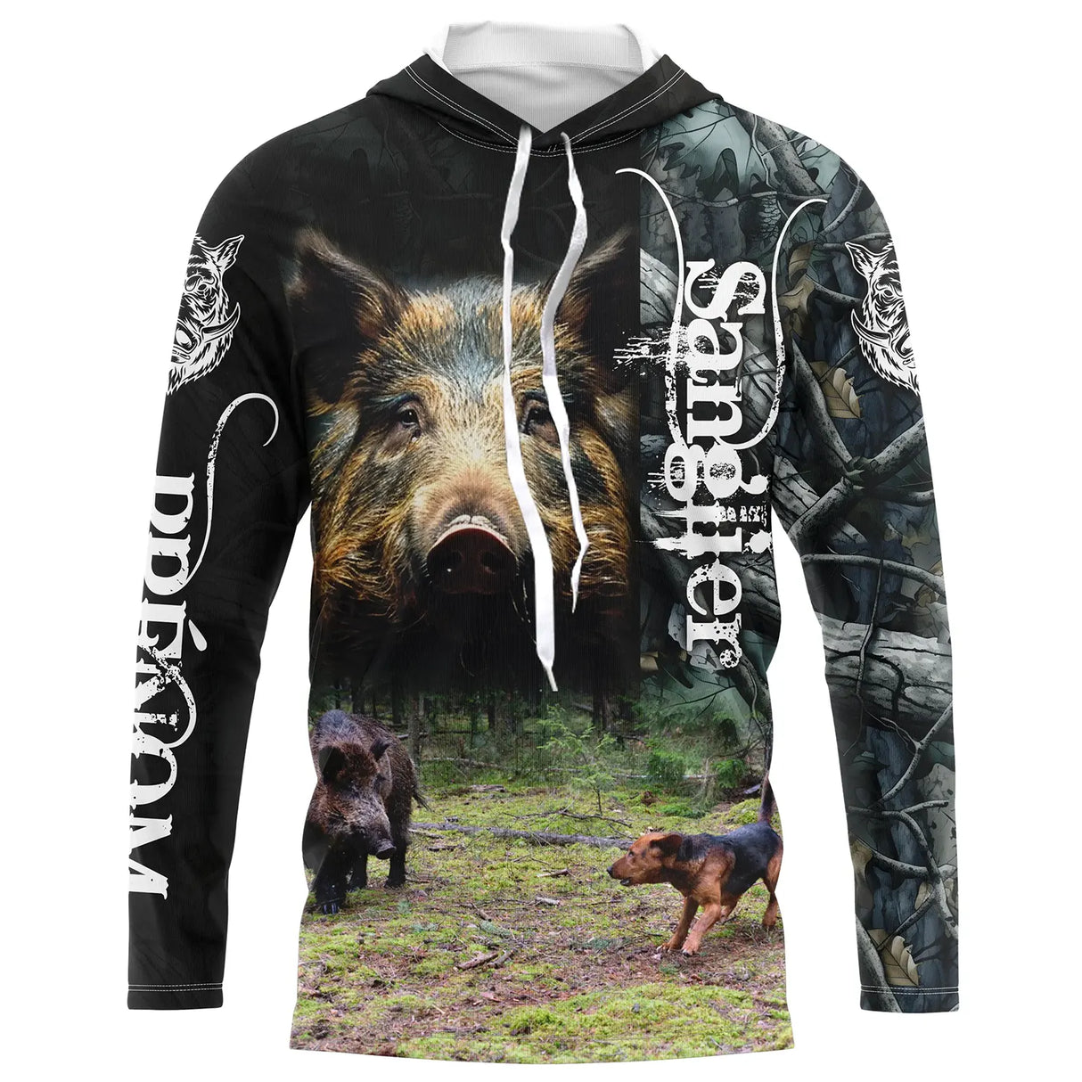 T-shirt anti UV à capuche chasse sanglier scène battue avec meute de chiens en clairière sur fond camouflage Realtree orange